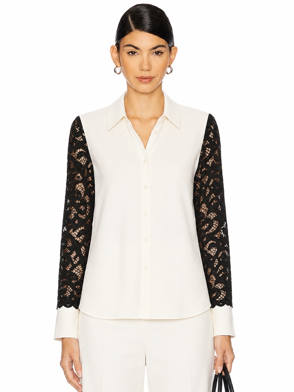 Alexis Cream Black Lace Sleeve Button Front Top size M